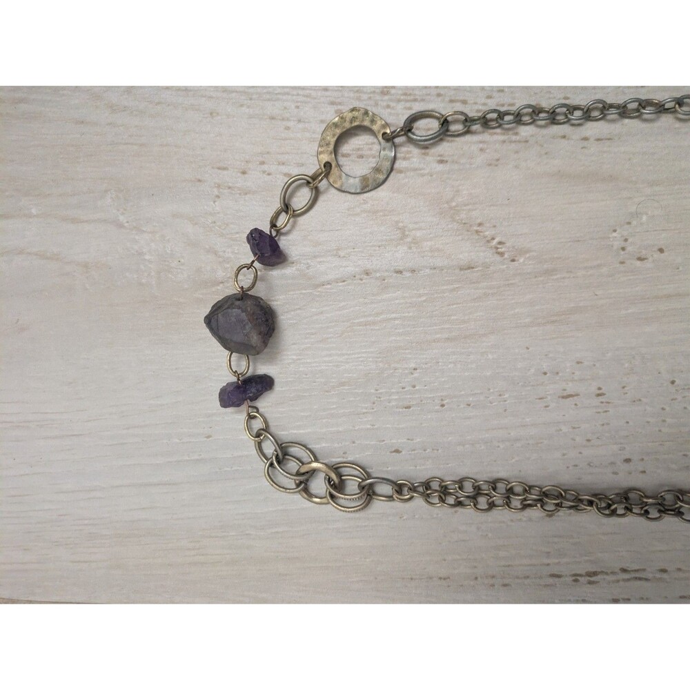 J.CREW Silver Tone Chain & Amethyst Crystals Necklace Raw Gemstone - Picture 4 of 6